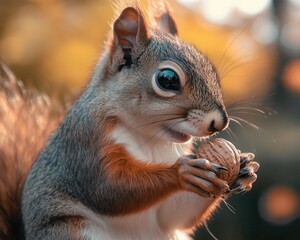 Obraz premium Squirrel holding a nut with vibrant fur, soft lighting, cozy outdoor setup