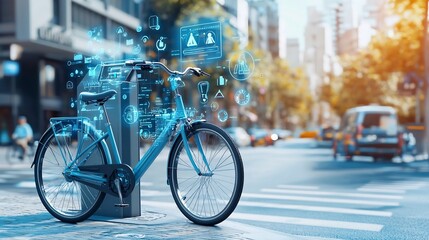 Obraz premium A photograph showcasing a modern high tech bicycle sharing station integrated into a smart city network