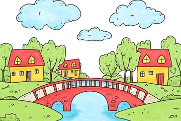 illustration of beautiful landscapes with mountains and lakes in watercolor, aquarelle look pencil art Countryside village landscape with church and houses illustration, design, vector, nature, travel