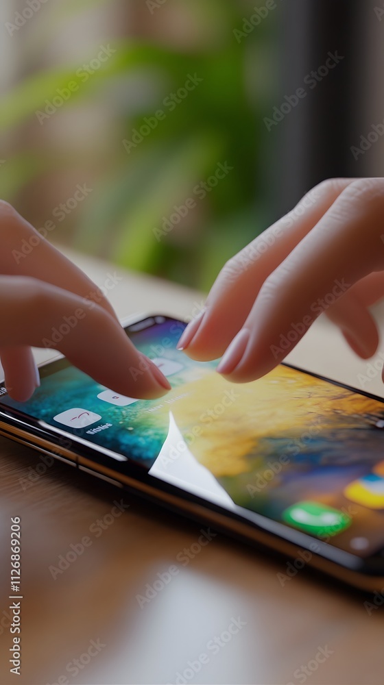 Aufkleber a close-up of hands interacting with a smartphone screen, showcasing touch functionality.
