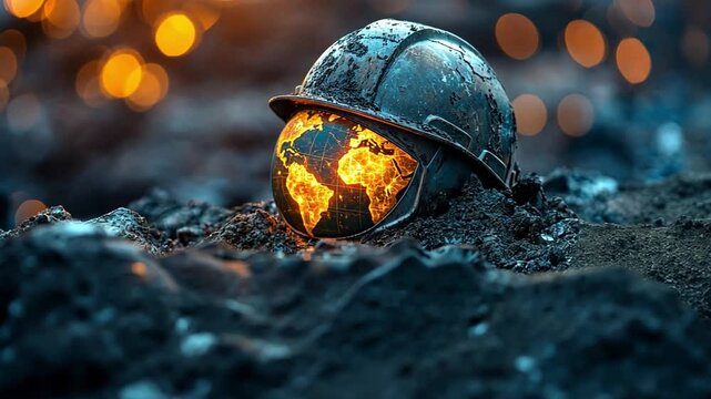 Conceptual representation of earth in mining helmet surrounded by glowing coal in 4k resolution