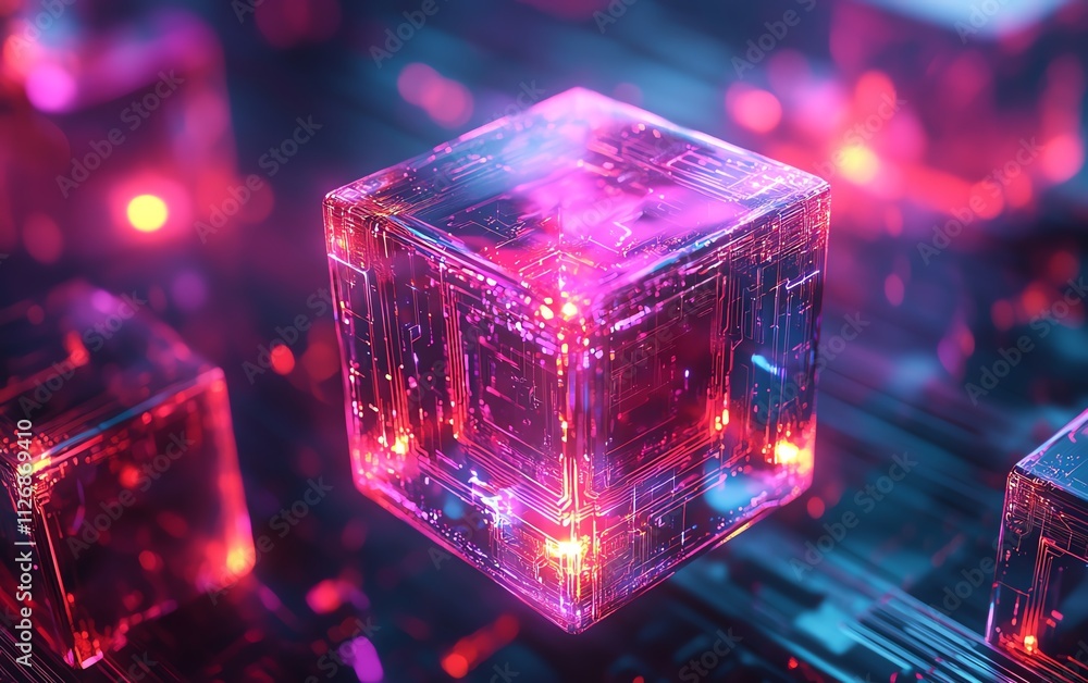 Poster futuristic 3d rendering of a flying cube
