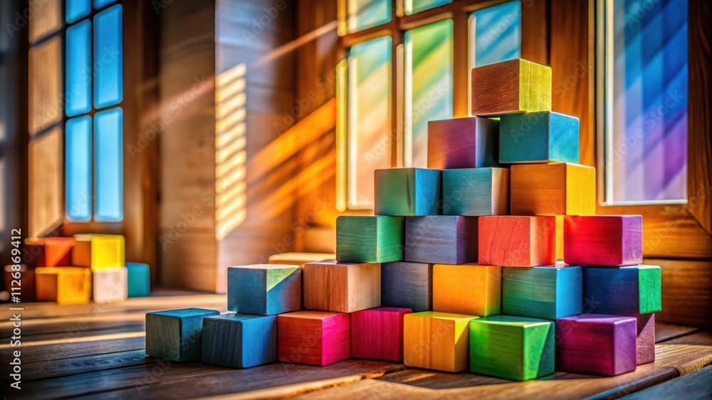 Poster A colorful stack of wooden blocks arranged in a pyramid shape sits on a wooden windowsill bathed in warm sunlight.