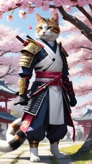 Obraz premium A confident cat dressed in traditional samurai armor stands gracefully beneath cherry blossoms, embodying the vibrant colors and tranquility of a serene Japanese