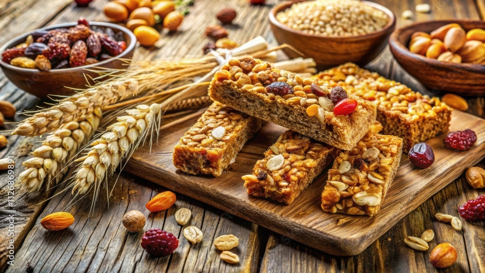 Aufkleber a close-up of a stack of homemade granola bars with a variety of nuts and dried fruits, surrounded b