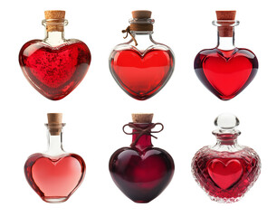 Love potion bottle in red color, isolated set, collection of elements for valentine’s day