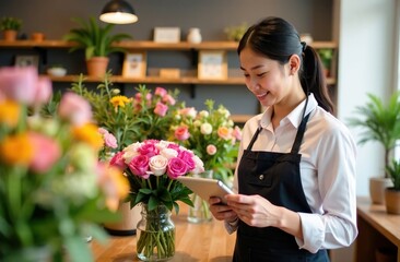Fototapeta premium Young Asian women, owners of small and medium-sized businesses, stand in a flower shop and look at a tablet, correspondence with customers and suppliers. Flower orders for Valentine's Day.