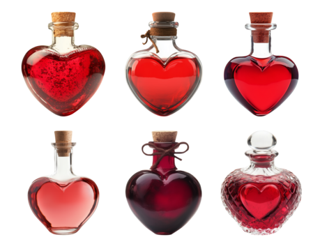 Love potion bottle in red color, isolated set, collection of elements for valentine’s day