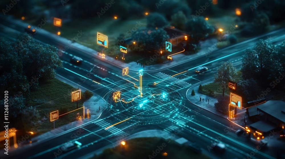 Poster photograph of a smart networked traffic light control system at an urban intersection with glowing l