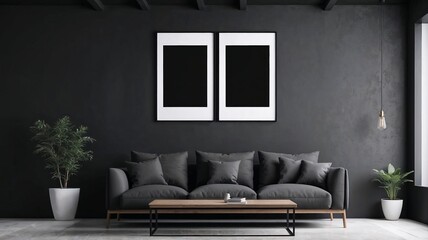 Mock up frames with black pictures on a black loft wall, living room