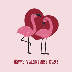 Happy valentine's day greeting card with pink flamingos and heart.