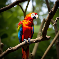 A colorful parrot perched on a branch in the rainforest.
