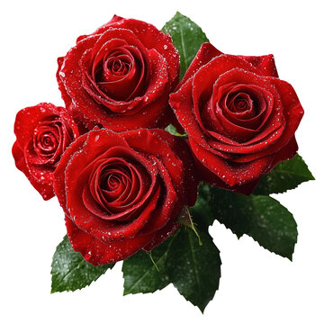 Bouquet of red roses with rain drops, isolated PNG photo