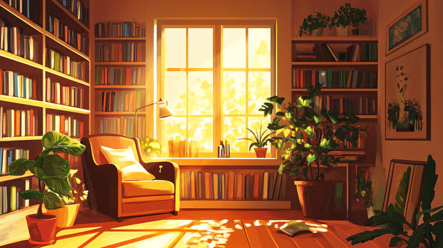 Illustration of a cozy reading nook by a window, with plants, bookshelves, and soft light, evoking relaxation and comfort. 