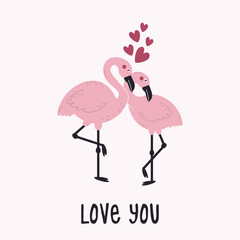 Flamingos in love vector romantic illustration. Pink flamingos and 