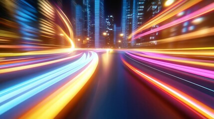 Obraz premium Night City Lights Speed Motion Blur Urban Skyline Fast Pace Transportation Energy Dynamic Modern