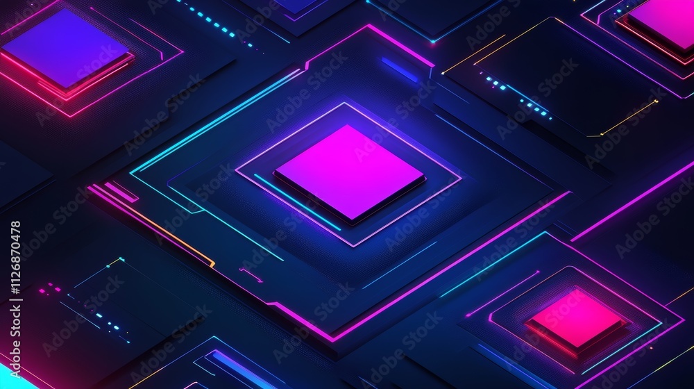 Poster abstract digital design featuring vibrant neon squares and circuitry patterns.