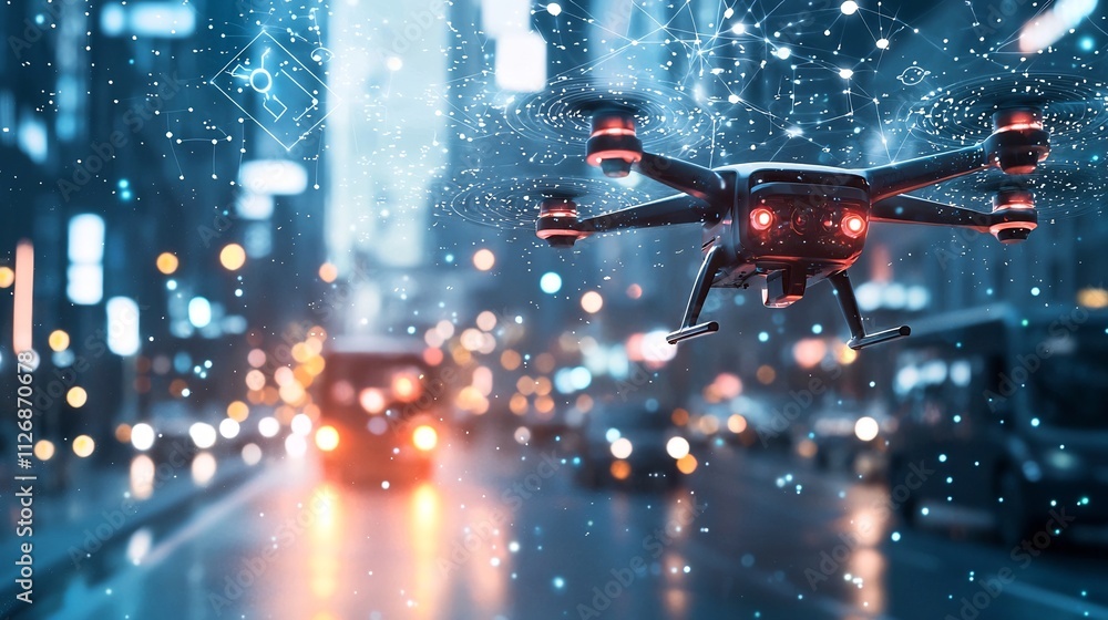 Poster futuristic transportation hub with interconnected electric vehicles and drones visualized with digit