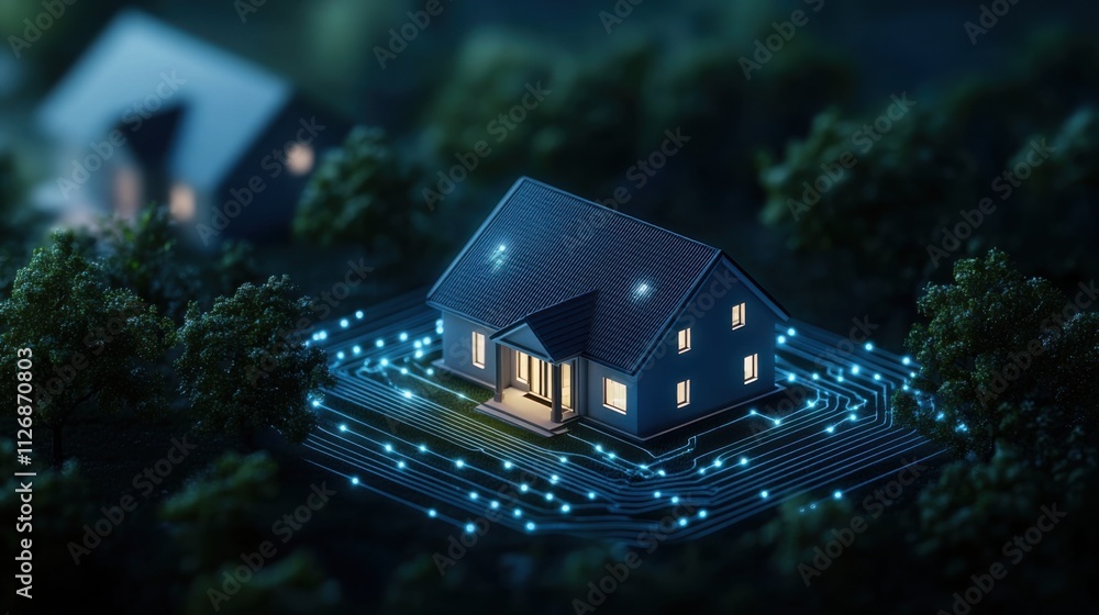 Poster smart home technology concept with circuit patterns surrounding modern house in dark environment