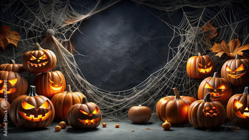 Poster Lighted Jack-o'-lanterns with Glowing Eyes and Grinning Faces Surround a Spider Web on a Dark Background