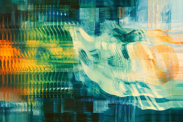 An abstract digital background featuring colorful overlapping waveforms in green, blue, and orange, evoking sound energy.