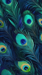 Obraz premium Vibrant peacock feathers in rich blue and green shades, showcasing intricate details and striking eye patterns, ideal for fashion or nature-themed projects.