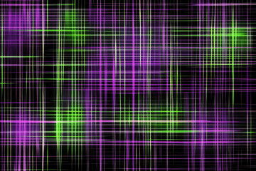 An abstract digital background featuring bold grids in vivid purple and green, glowing over a textured black field.
