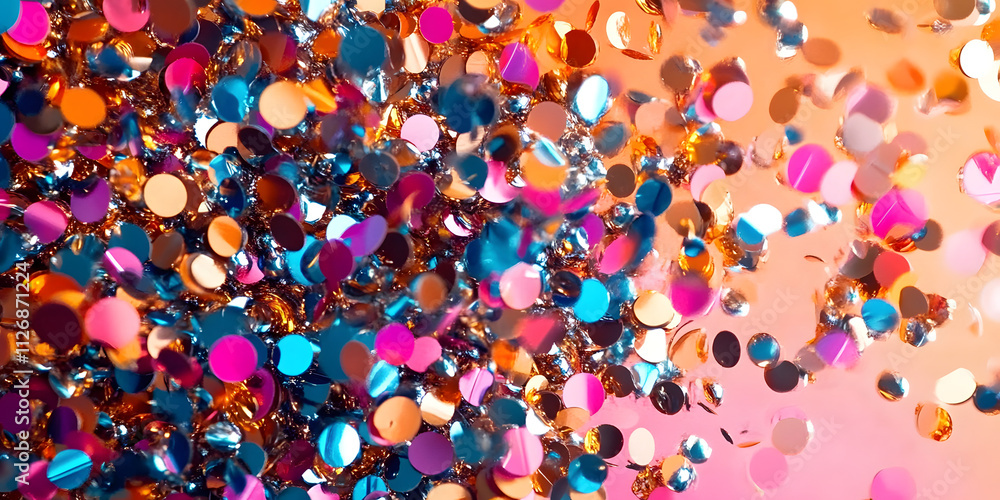 Poster colorful abstract background with metallic confetti in dynamic arrangement