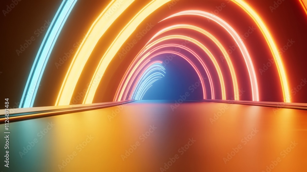 Poster futuristic neon tunnel abstract light speed glowing lines colorful arcs digital background