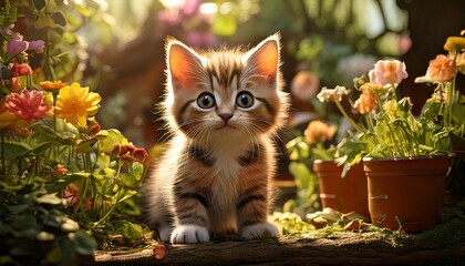 Cute kitten in home garden 3d rendered. Generative AI