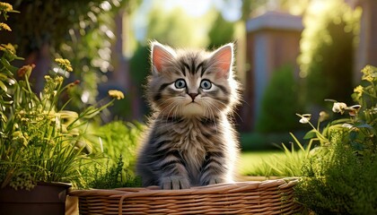 Cute kitten in home garden 3d rendered. Generative AI