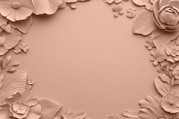 Mocha mousse beige copy space background features floral textures and small flowers around edges. Modern trendy tone hue shade