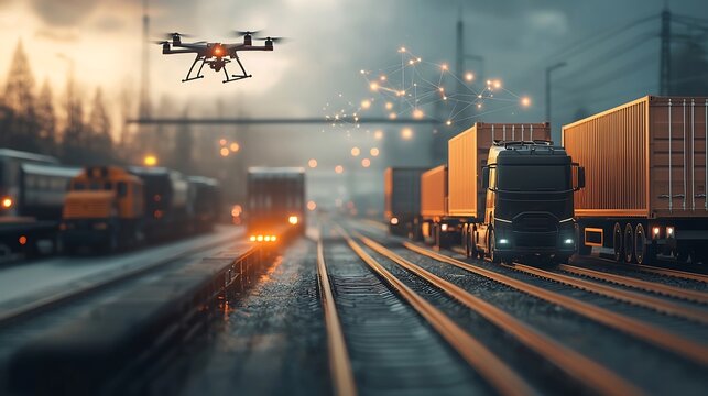 Photograph of a modern logistics hub featuring a seamless of trucks drones and trains