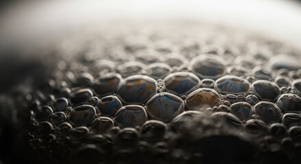 Obraz premium Macro view of soap bubbles with reflective surfaces