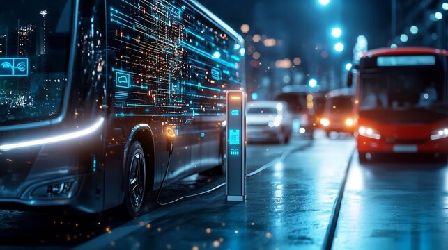 A photograph of an electric charging station for cars and buses visualized with glowing data lines connecting the vehicles to a unified transportation network