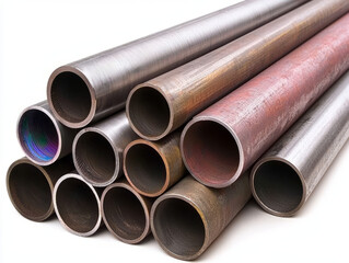 Metal pipes arranged in stack, showcasing various colors and textures