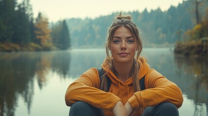 A young woman relaxes by a calm lake, dressed in an orange hoodie. The backdrop features lush trees reflecting in the water, creating a tranquil atmosphere.