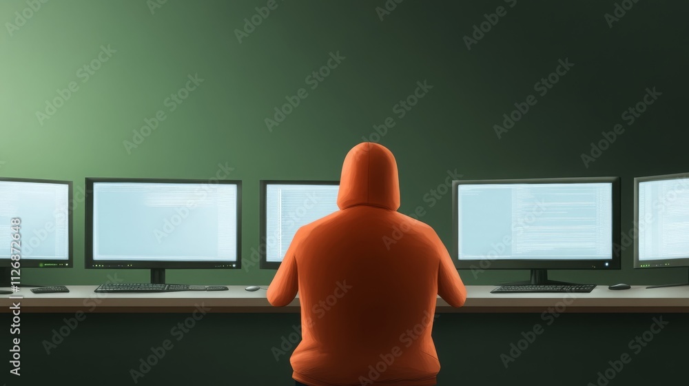 Poster hooded hacker working late at night on multiple monitors