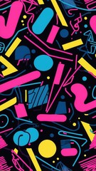 Obraz premium Colorful abstract geometric pattern design featuring vibrant pink, blue, and yellow shapes on a black background, ideal for modern graphics.