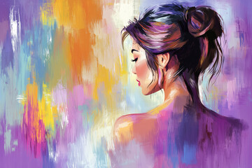 Fototapeta premium Abstract modern art painting portrait of beautiful woman on colorful background
