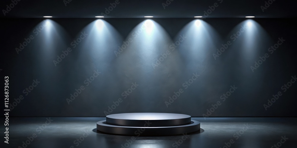 Poster a minimalist stage with a circular podium illuminated by five spotlights in a dark room with a textu