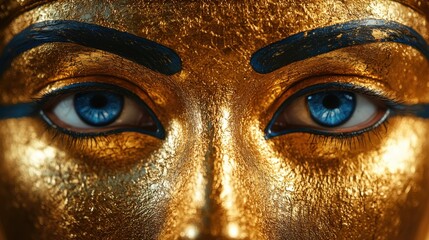 a gold egyptian mask with blue eyes