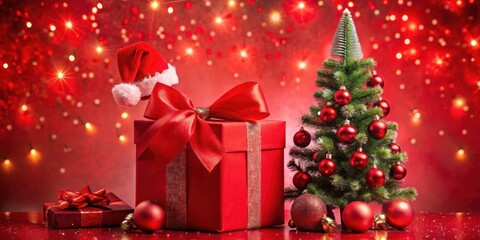 A festive Christmas scene with a red gift box adorned with a large bow and a miniature Christmas tree decorated with red ornaments, all set against a backdrop of sparkling lights.
