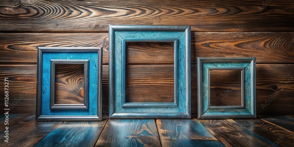 Aufkleber three empty picture frames on a rustic wood background
