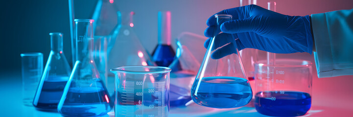 Lab technician conducts experiments with blue liquids and glassware under colored lighting in a laboratory setting