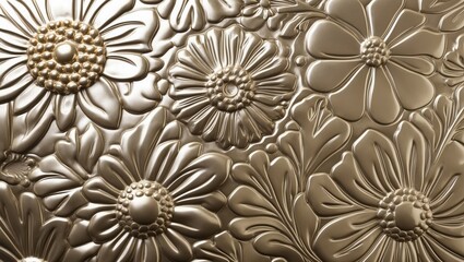 Textured golden floral design featuring various large blossoms and intricate leaves, suitable for elegant backgrounds or decorative purposes.