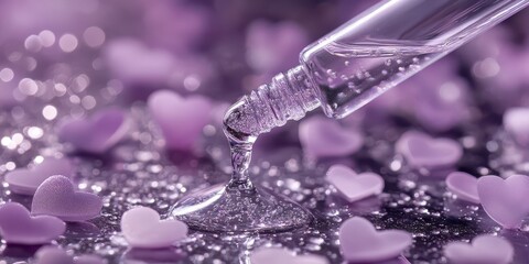 Transparent serum drop infused with silver flecks dripping from a sleek dropper onto a frosted surface, lavender hearts in background, ample text space.