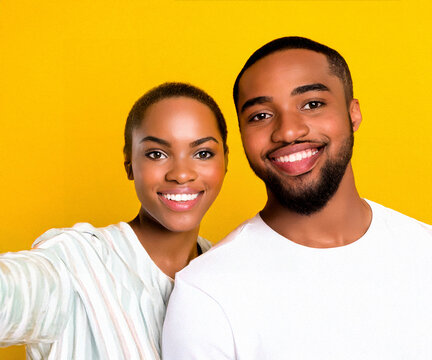 a couple smiling behaind yellow background