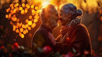 Elderly Couple Embracing in Sunset Glow with Heart Lights