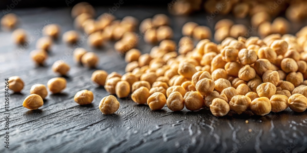 Poster a close-up view of a pile of raw chickpeas on a black slate surface